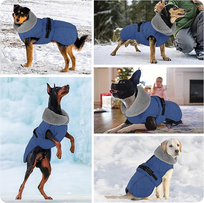 Dog Coat, Waterproof Dog Winter Jacket with Adjustable Buckle, Reflective Turtleneck Pet Snow Vest Warm Fleece Sweater for Small Medium Large Dogs - Blue, 2XL