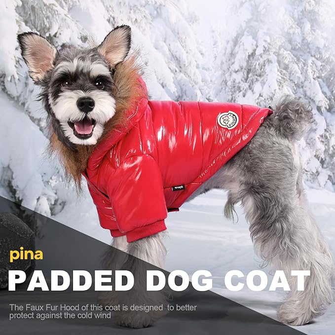 PINA Dog Winter Coat, Dog Winter Jacket with Large Faux Fur Hood, Dog Winter Vest Windproof and Warm, Suitable for Small to Large Dogs, Red, L