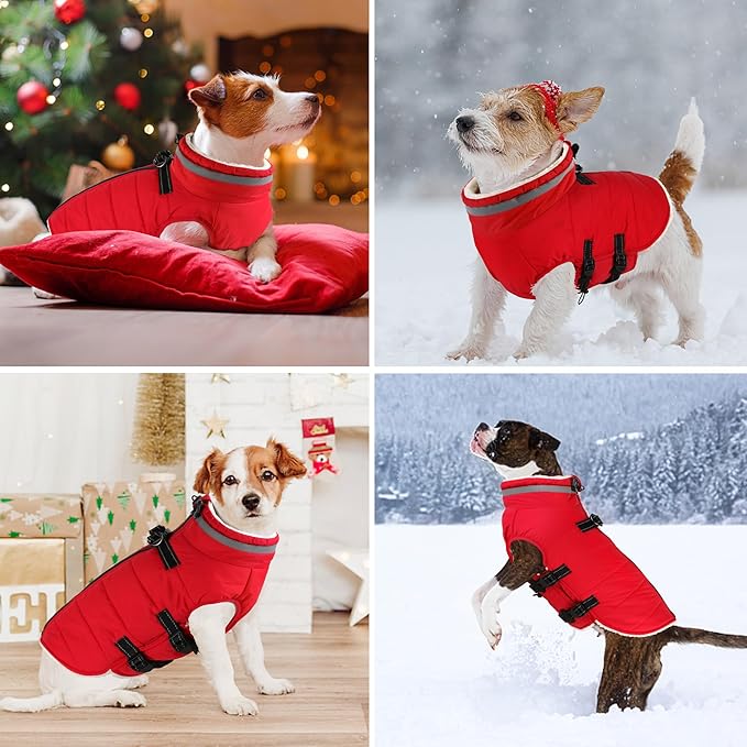 Dogcheer Dog Coat with Harness, Waterproof Dog Jacket Adjustable Pet Winter Coat with Zipper, Christmas Puppy Snow Jacket Fleece Sweater for Small Medium Large Dogs - Red XS