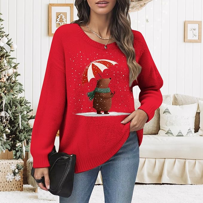 Women's Red Christmas Sweater - Festive Cartoon Patterns, Cozy Knit for Holiday Parties & Gatherings