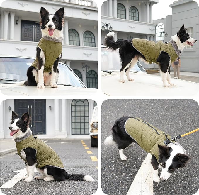 Warm Fleece Dog Coats with Durable Harness Buitl in D-Ring,Waterproof Doggie Jacket for Large Dogs,Dog Vest for Cold Winter,Green XXL