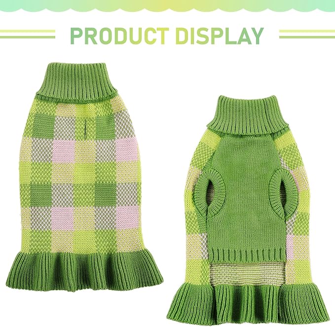 Dog Sweater Dress Plaid Knitwear for Small Medium Dogs Warm Puppy Pet Turtleneck Stretch Pullover Cute Fall Winter Vest Clothes with Leash Hole for Christmas (Green, 2XS)