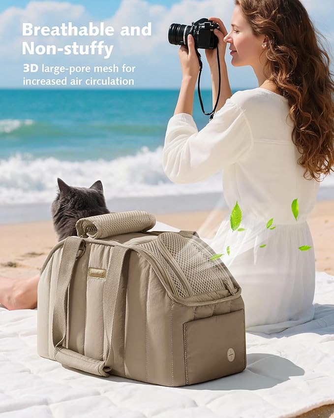 Pecute Dog Purse Carrier, Dog Carriers for Small Dogs with Cotton Soft Sided, Cat Carrier with Large Pockets, Comfortable Pet Carrier for Rabbit, Suitable for Travel, Subway, Veterinary, Khaki