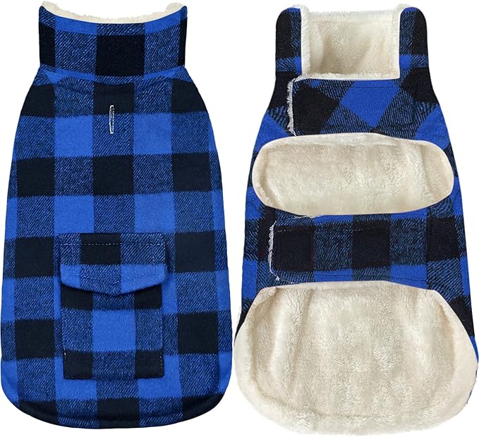 Malier Classic Plaid Fleece Dog Coat - Warm Winter Jacket with Pocket, Windproof, Blue, X-Large