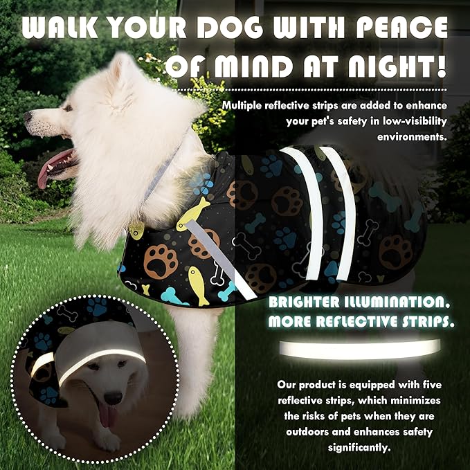 Dog Raincoat, Adjustable Rain Jacket with Hooded Double Layer for Large Medium Small Dogs Puppies, Lightweight Waterproof Rain Coat Poncho with Reflective Stripe Paw Print Black,XXL