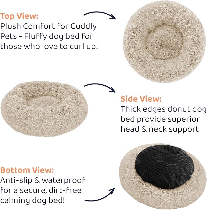 Donut Dog Bed - Premium Comfort for Anxiety Relief - Fluffy & Calming Design with Ultra-Plush Support | Cozy Round Dog Bed with Super Soft Circle Style (Size L Beige)