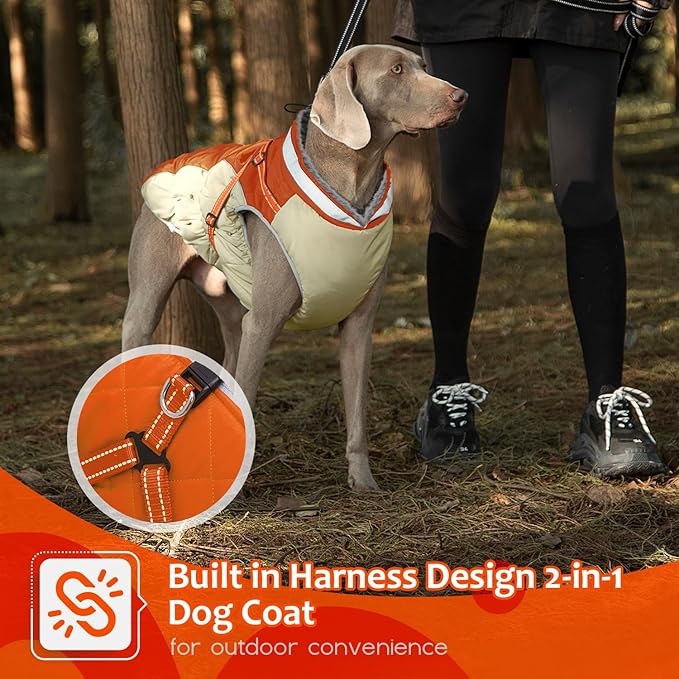 Dog Winter Coat with Harness, Dog Jacket, Pet Clothes with Zipper on Back, Waterproof Windproof Warm Vest, Reflective Cold Weather Coats, for Small Medium Large Dogs, Thick, Orange, XS