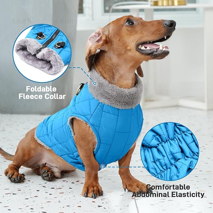 Warm Fleece Dog Coats with Durable Harness Buitl in D-Ring,Waterproof Puppy Jacket for Small Dogs,Dog Vest for Cold Winter,Light Blue XS