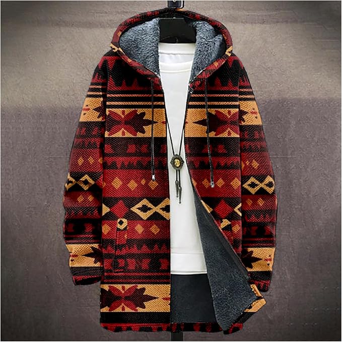 Mens Aztec Print Hoodie Heavyweight Cotton Fleece Jacket Zip Up Warm Long Sleeve Hooded Winter Midi Coat