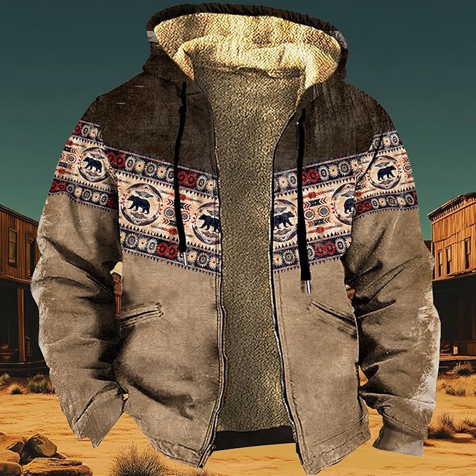 Men's Western Aztec Jackets Hooded Cowboy Hoodie Warm Full Zip Ethnic Vintage Long Sleeve Coat Fall Winter Tops