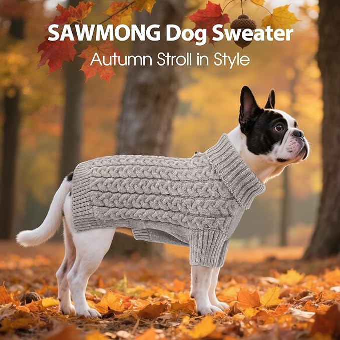 SAWMONG Dog Sweater, Dog Sweaters for Medium Dogs Girls Boys, Pullover Turtleneck Knitted Doggy Sweatshirt, Cold Weather Pet Clothes（Grey, Medium