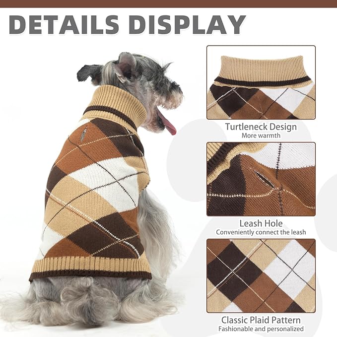 KOOLTAIL Dog Sweater Pet Knitted Clothes - Classic Plaid Pullover Turtleneck Thick Warm Fall Dog Sweaters with Leash Hole, Soft Winter Coats for Small Medium Large Dogs Cats Puppy Girls Boys, ML