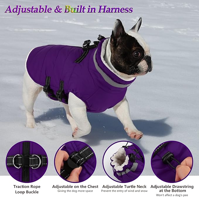 Dogcheer Dog Coat with Harness, Waterproof Dog Jacket Adjustable Pet Winter Coat with Zipper, Christmas Puppy Snow Jacket Fleece Sweater for Small Medium Large Dogs - Purple L