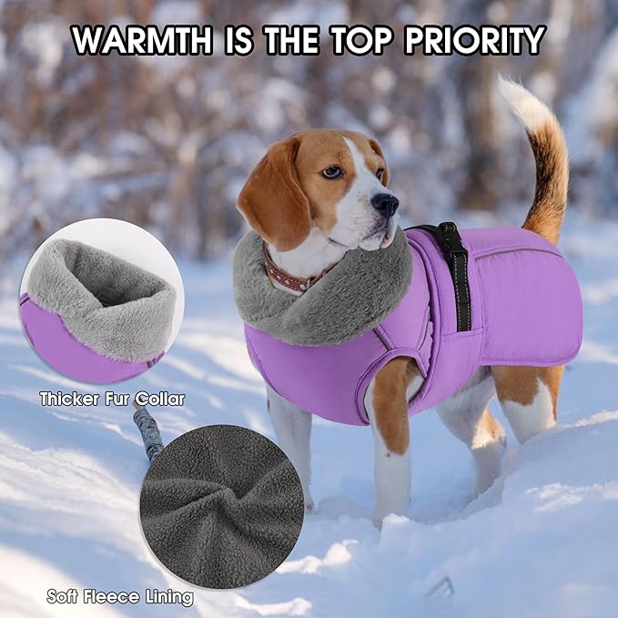 PETDSH Dog Coat Large, Windproof Dog Jacket with Warm Fleece Lining, Thickened Collar Dogs Winter Coat, Adjustable Reflective Pet Coats for Cold Weather (Purple, X-Large)
