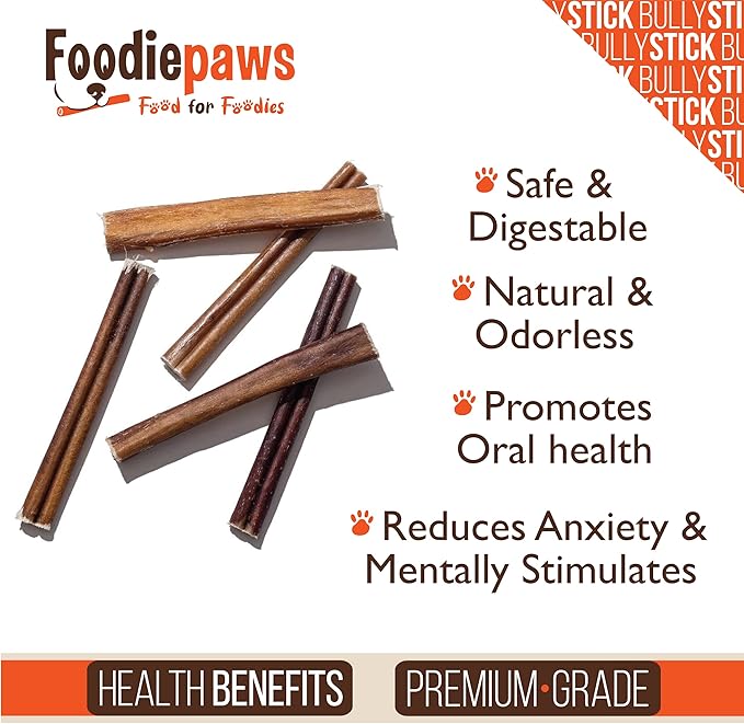 FOODIEPAWS 12 Inch Jumbo Bully Sticks for Dogs, 10 Pack Bulk | All Natural, Grass-Fed Beef | Rawhide-Free, Odor-Free, Fully Digestible & Long Lasting Dog Chews | for Large Breeds & Aggressive Chewers