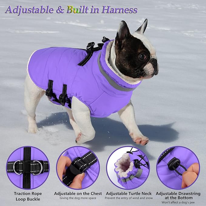 Dogcheer Dog Coat with Harness, Waterproof Dog Jacket Adjustable Winter Coat with Zipper, Christmas Puppy Snow Jacket Fleece Sweater for Small Medium Large Dogs - Taro Purple 2XL