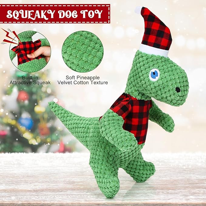 Christmas Dog Toys, Plush Stuffed Green Dinosaur Animals Toy, Squeaky Dog for Small, Medium, and Large Dogs, Interactive Dog Toys for Tug-of-War