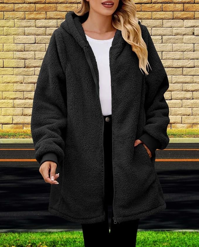 LIZALIG Women's Oversized Fleece Jacket Hooded Zip-Up Cardigan Coat with Pockets Warm Winter Casual Wear for Vacation