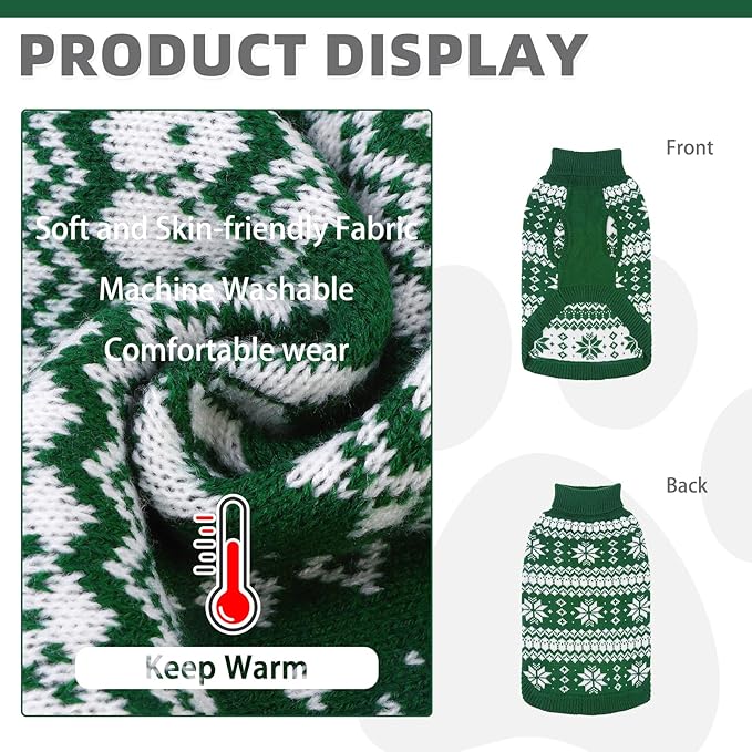 KOOLTAIL Cable Knit Dog Sweater Turtleneck, Cold Weather Pullover Classic Knitwear, Snowflake Pattern Thick Warm Winter Pet Clothes, Dog Christmas Sweater for Small Medium Large Dogs Cats, Green M