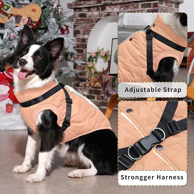 Dog Jacket with Harness,Fleece Lined Warm Puppy Coat for Winter,Soft Windproof Small Dog Vest,LightOrange XS