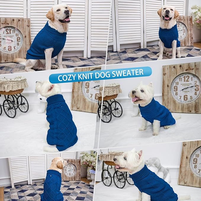 Mihachi Turtleneck Dog Sweater - Winter Coat Apparel Classic Cable Knit Clothes with Leash Hole for Cold Weather, Ideal Gift for Pet in New Year Royal Blue M-Largel