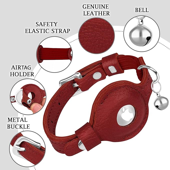 OOPSDOGGY Cat Collar for AirTag Holder, Leather Kitten Collars with Elastic Strap & Bell, Non Breakaway Adjustable Small Pet Collars for Indoor & Outdoor for Boy, Girl (Red)