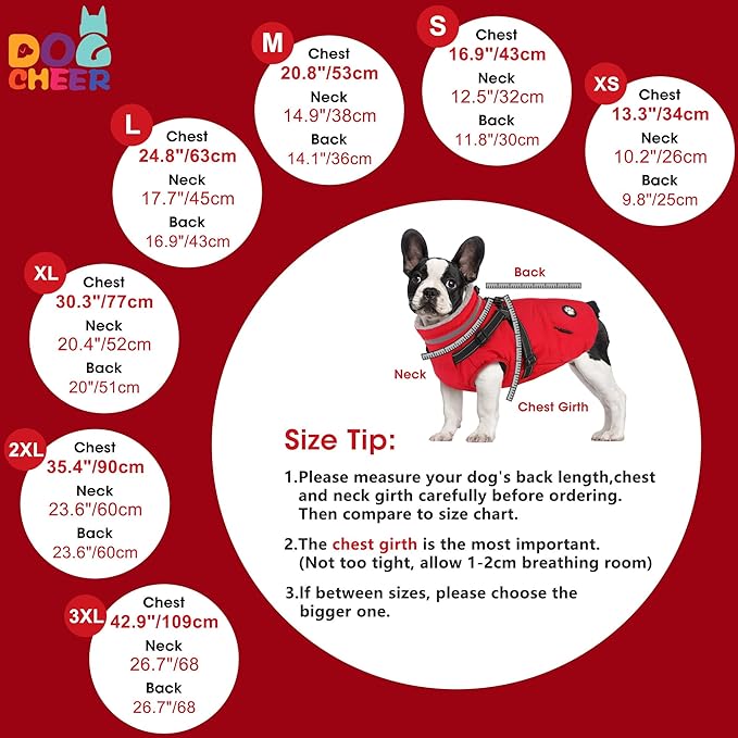Dogcheer Dog Coat with Harness, Waterproof Dog Jacket, Christmas Puppy Winter Coat with Pocket, Reflective Doggy Turtleneck Puffer Vest for Small Medium Large Dogs - Red, XS