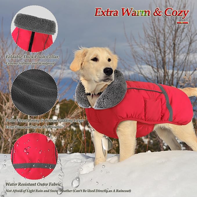 Dogcheer Warm Dog Coat, Christmas Dog Jacket Waterproof Puppy Winter Coat with Buckles, Reflective Adjustable Pet Snow Jacket Turtleneck Fleece Sweater for Small Medium Large Dogs - Red, S