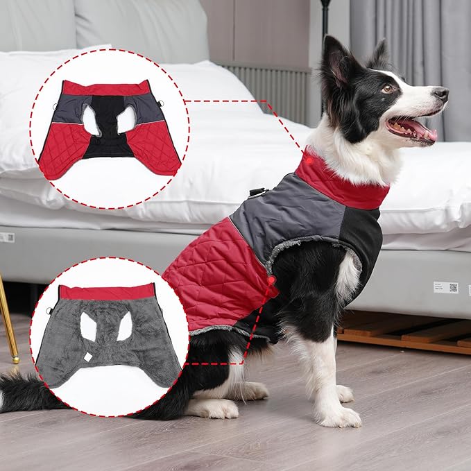Warm Fleece Dog Coats for Large Dogs,D-Rings Waterproof Puppy Jacket for Cold Winter,Red XXL