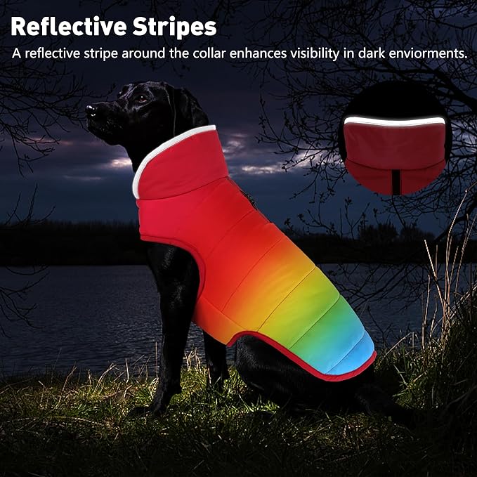 Dog Winter Coat, Waterproof Dog Jacket with Leash Hole, Reflective Adjustable Pet Snow Vest, Warm Fleece Sweater for Small Medium Large Dogs - Rainbow, S