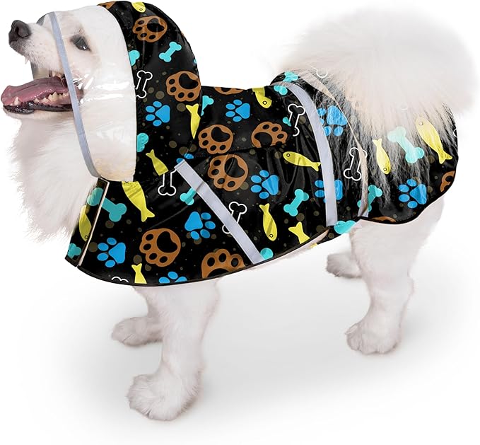 Dog Raincoat, Adjustable Rain Jacket with Hooded Double Layer for Large Medium Small Dogs Puppies, Lightweight Waterproof Rain Coat Poncho with Reflective Stripe Paw Print Black,L
