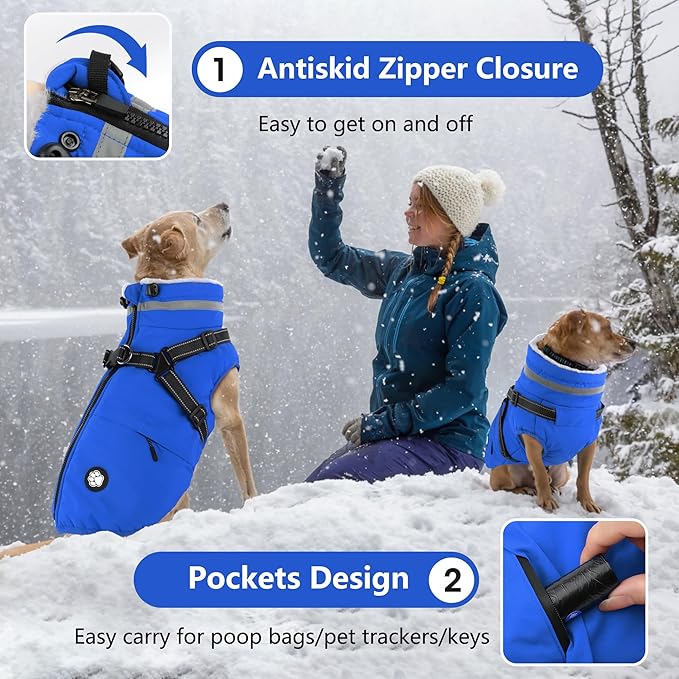 Dogcheer Dog Coat, Waterproof Dog Winter Jacket with Harness, Reflective Adjustable Doggy Cold Weather Coats, Christmas Pet Fleece Snowsuit for Small Medium Large Dogs - Blue, L