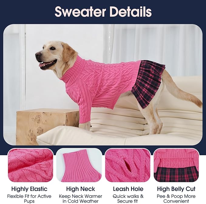 IECOii Girl XXXL Dog Sweater Dress, Girl Dog Sweaters for Extra Large Dogs Turleneck, Pink, XXXLarge, Thermal Warm Knitwear with Leash Hole, Adorable Cable Knit Sweater for Christmas & Thanksgiving