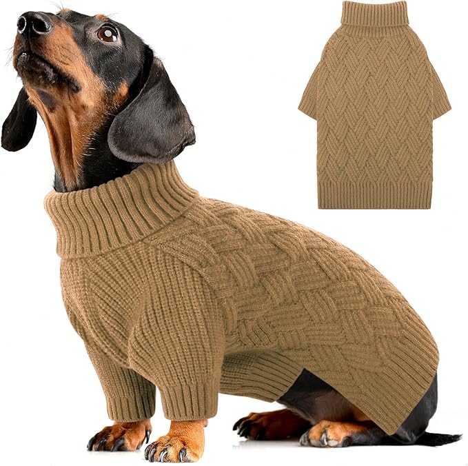 AOFITEE Small Dog Sweater, Dog Sweaters for Small Dogs Male, Thick Dogs Winter Sweatshirt Girl Boy, Pet Halloween Sweater, Classic Cable Turtleneck Holiday Knitwear for Pug Dachshund (Brown, S)