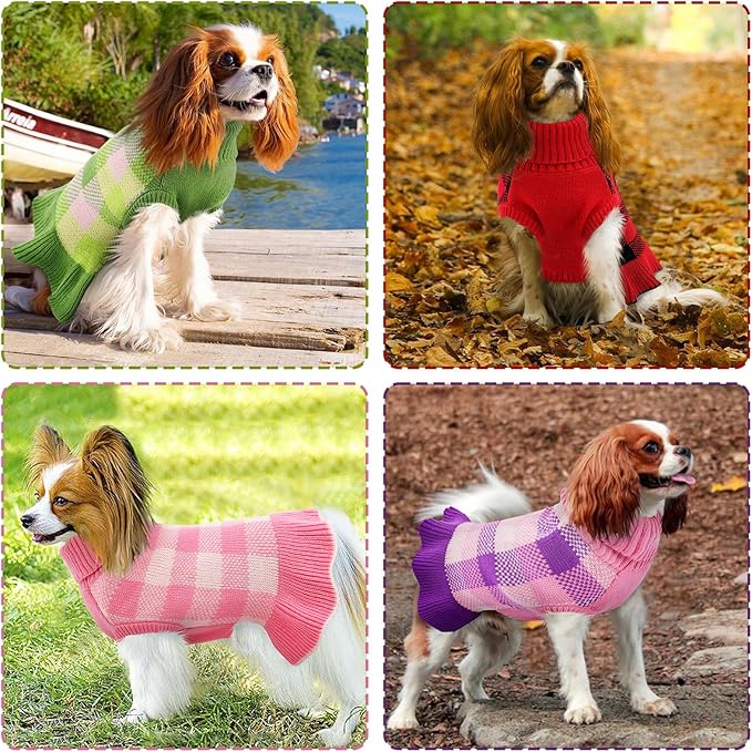 Dog Sweater Dress Plaid Knitwear for Small Medium Dogs Warm Puppy Pet Turtleneck Stretch Pullover Cute Fall Winter Vest Clothes with Leash Hole for Christmas (Green, XS)