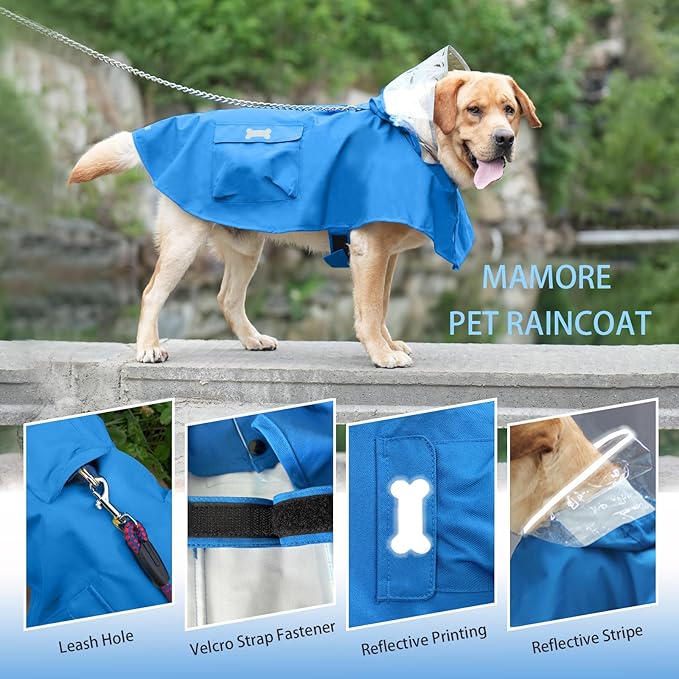 Dog Raincoat Waterproof, Adjustable Reflective Hooded Dog Rain Poncho with Leash Hole for Small Medium Large Dogs (Blue, Large)