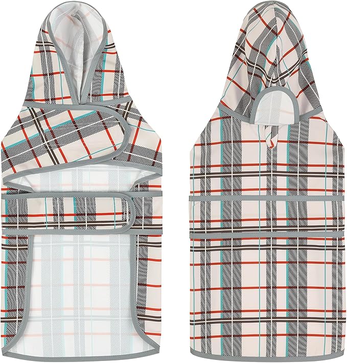 Dog Raincoat for Medium Dogs Waterproof Hooded Rain Jacket with Reflective Strips Leash Hole & Poncho Adjustable Fit (Plaid,L)