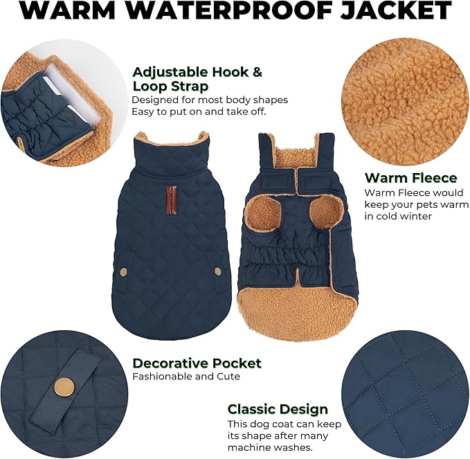 Dog Winter Coat, Warm Dog Jacket Windproof Waterproof Pet Cold Weather Coats for Small Dogs, Turtleneck Fleece Lined Dogs Clothes with Leash Hole, Navy Medium