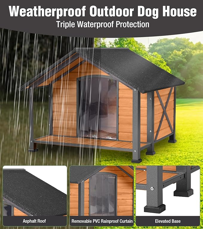 Insulated Dog House, Outdoor Dog House for Winter, Weatherproof Wooden Dog Kennel with Porch, Iron Frame, Openable Roof & Removable Floor