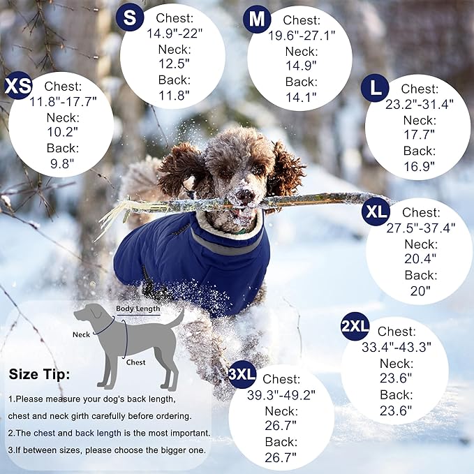 Dogcheer Dog Coat, Waterproof Dog Jacket with Harness, Reflective Adjustable Puppy Winter Coat with Zipper, Christmas Snow Jacket Clothes for Small Medium Large Dogs - Blue 3XL