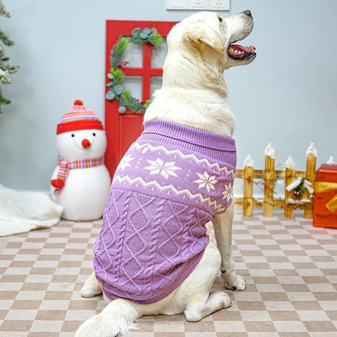Warm Winter Dog Sweater - Cold Weather Pet Clothes for Small Medium Large Dogs Indoor Outdoor, Soft Classic Knit Puppy Apparel, Purple, L