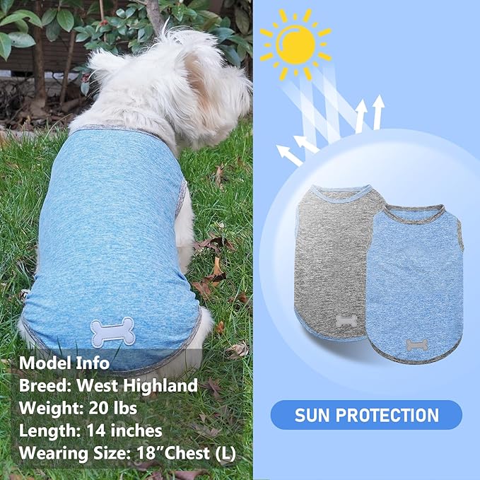 KYEESE 2 Pack Dog Shirts Quick Dry Soft Stretchy Pet T-Shirts with Reflective Label Tank Top Sleeveless Vest Sun Protection Dog Clothes for Small Dogs, X-Large, Light Blue+Grey