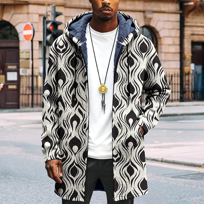 Mens Long Cardigan Hoodies Full Zip Fleece Lined Jackets Fashion Knitted Color Block Hooded Coat with Pockets