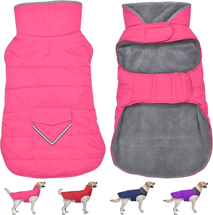 Dog Coat, Waterproof Dog Winter Jacket with Pocket, Reflective Adjustable Pet Snow Vest, Warm Cozy Fleece Sweater for Small Medium Extra Large Dogs - Pink, M