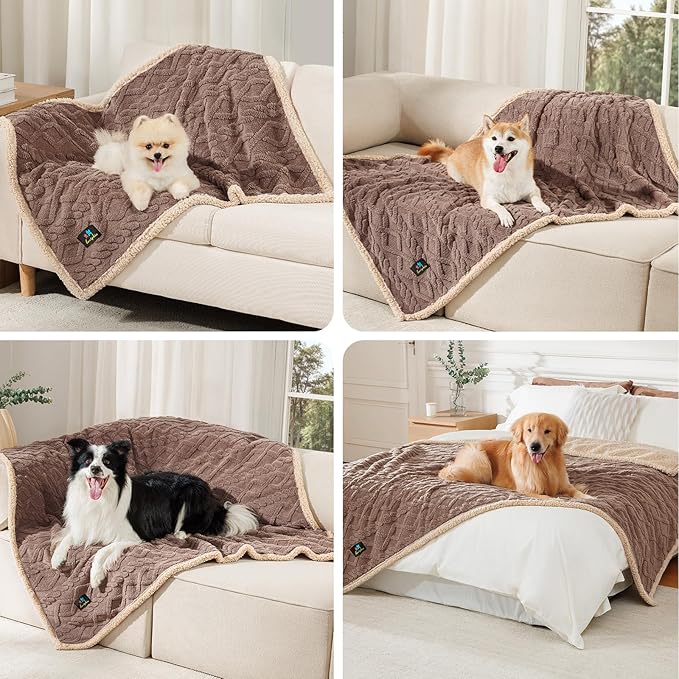 Waterproof Pet Blanket, Liquid Pee Proof Dog Blankets for Sofa Bed Couch, Reversible Sherpa Fleece Furniture Protector Cover for Small Medium Large Dogs Cats,Khaki Small（40" x 28"）