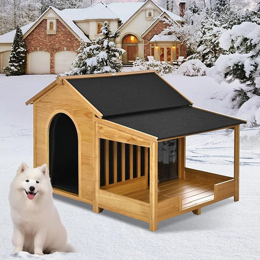 Merax 60.2" Wooden Dog House Outdoor with Insulated Liner for Winter, Extra Large Breed Outside Kennel with Weatherproof, Asphalt Roof, Elevated Floor, Fencing and Porch, for Medium & Large Dogs