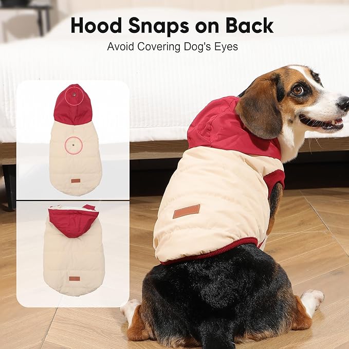 Fleece Lining Extra Warm Dog Hoodie in Winter for Medium Dogs Jacket Pet Coats with Hooded,Beige and Red L