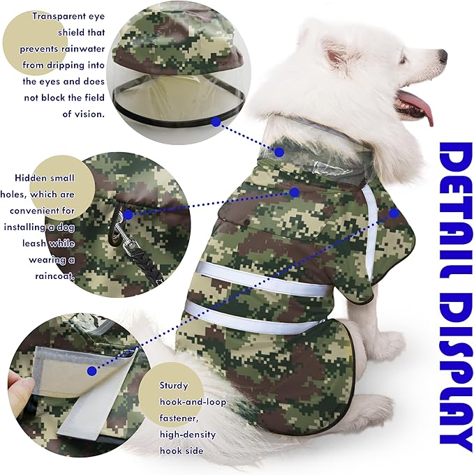 Dog Raincoat, Adjustable Rain Jacket with Hooded Double Layer for Large Medium Small Dogs Puppies, Lightweight Waterproof Rain Coat Poncho with Reflective Stripe Mosaic Camouflage Green,L