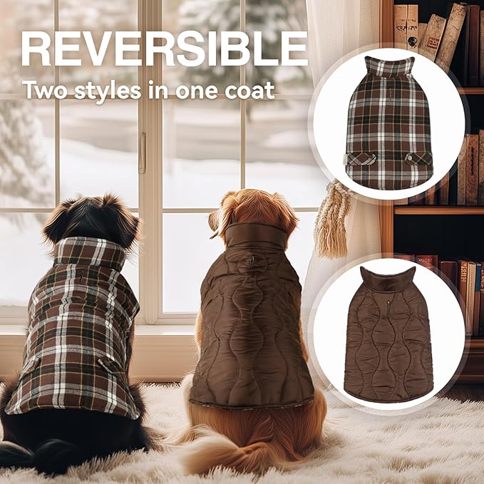 VIVAGLORY Softjoy Dog Coat, Dog Jacket for Winter & Christmas, Coat with Harness Hole & Velcro Closure, Reversible Plaid Checkered Warm Fluffy Heavy Duty for Puppy, XS, Coffee
