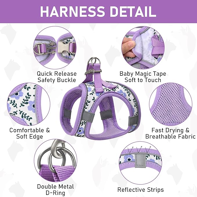 GAMUDA Small Dog Harness Collar and Leash Set, Step in No Chock No Pull Soft Mesh Adjustable Dog Vest Harnesses Plaid Reflective for Dogs Puppy Cats Kitten Rabbit (Purple Flower, XXS)